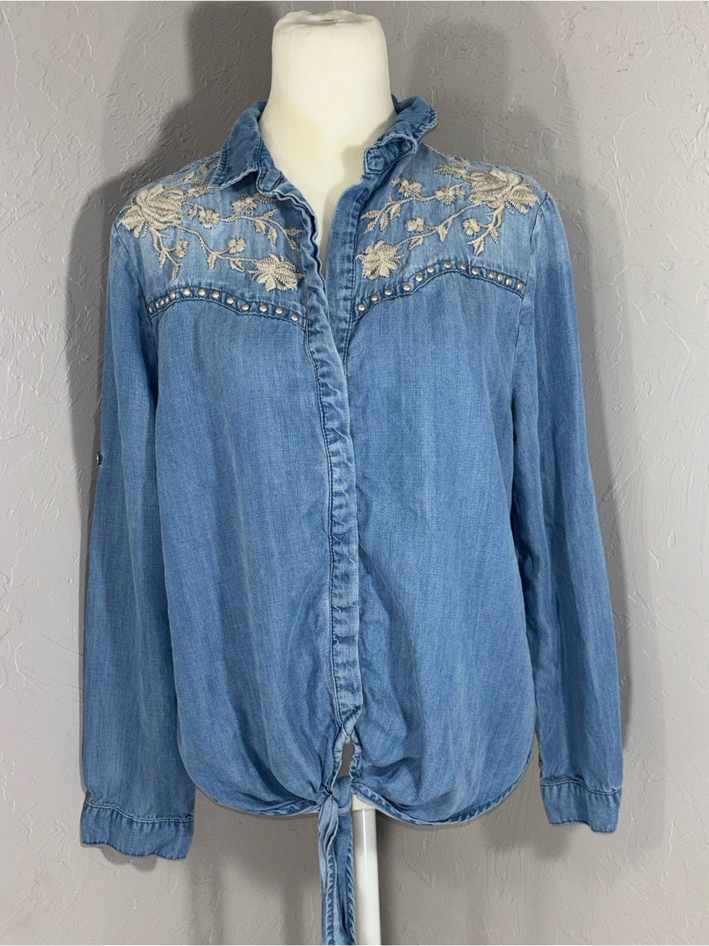 Reba Light Blue Embroidered Tie-Front Denim Blouse - Picture 2 of 12